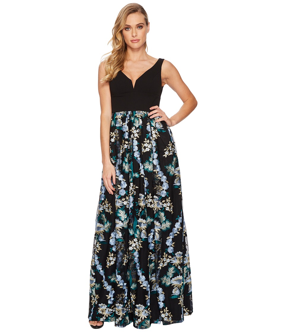 Adrianna Papell Embroidered Tulle Ball Gown with Solid Stretch Top (Blue Multi) Women