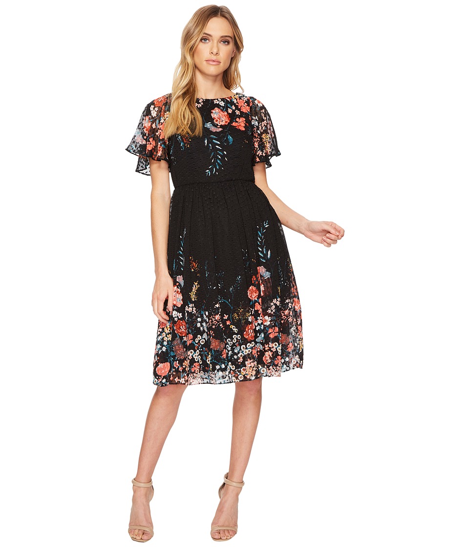 Adrianna Papell Field Of Blooms Ruffle Sleeve Dress (Black Multi) Women
