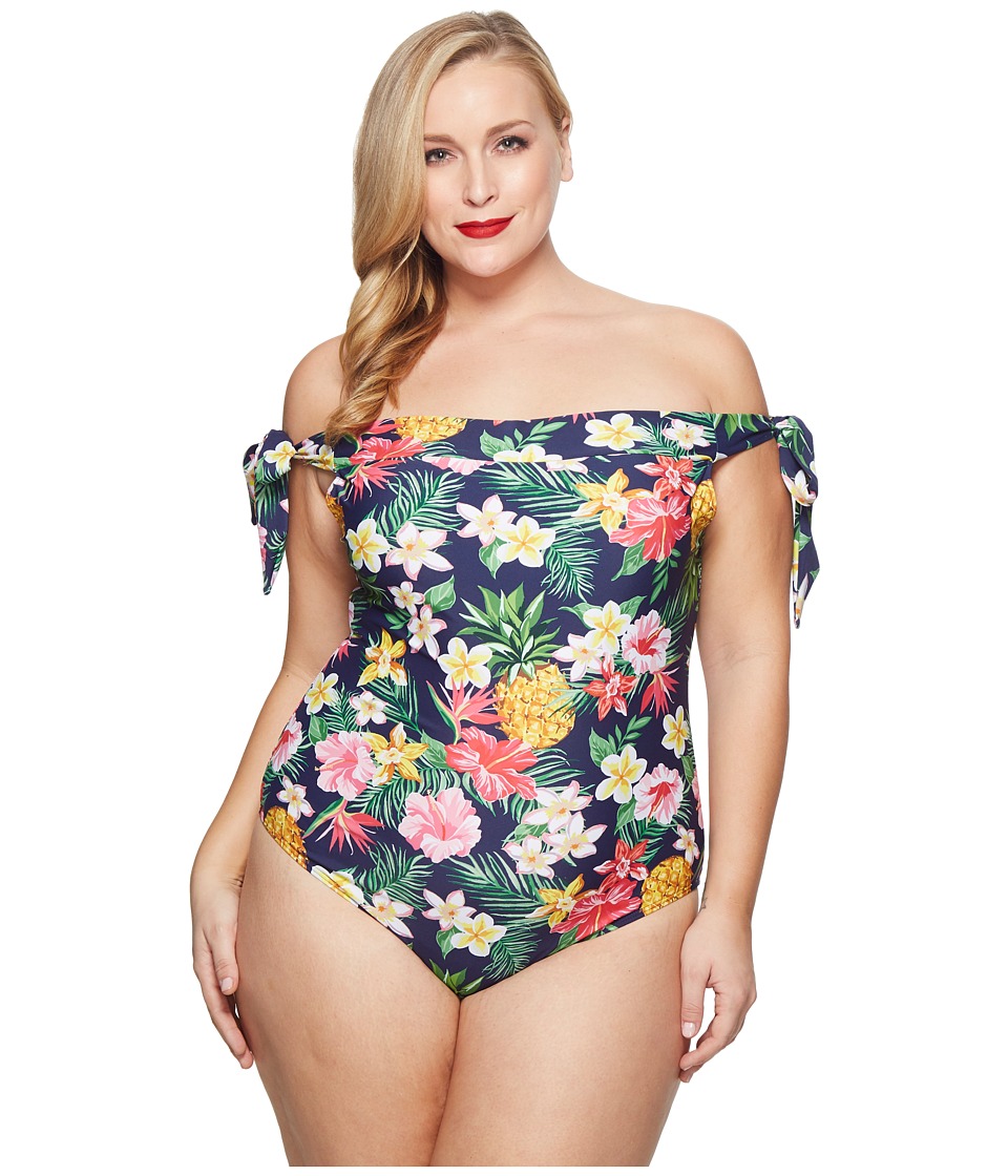 Unique Vintage Plus Size Off Shoulder Hermosa Swimsuit (Navy/Tropical Floral) Women