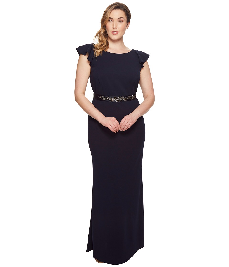 Adrianna Papell Plus Size Fluttered Short Sleeve Beaded Crepe Gown (Midnight) Women