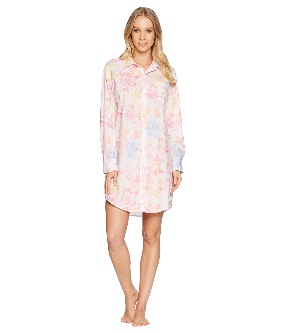 LAUREN Ralph Lauren Long Sleeve Roll Tab His Shirt Sleepshirt (White Multi Floral) Women