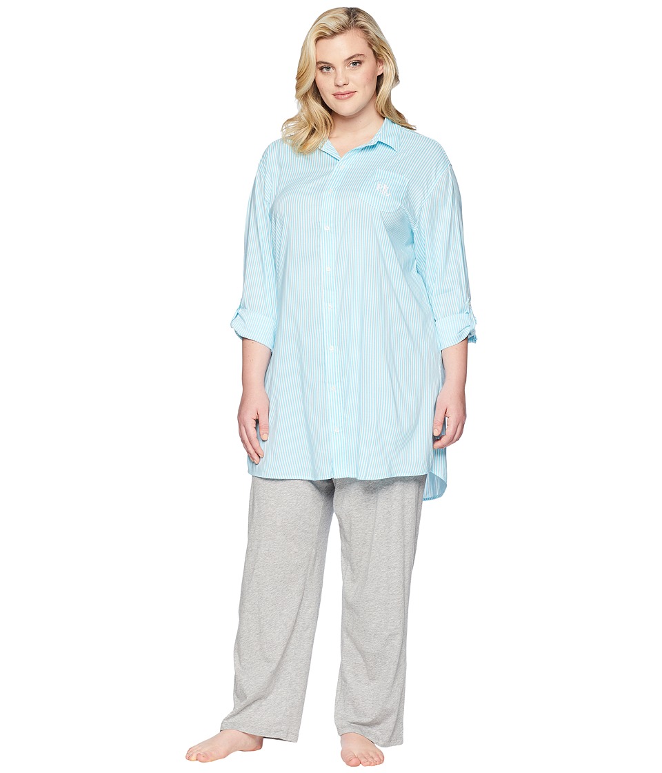 LAUREN Ralph Lauren Plus Size Roll Tab His Shirt Sleepshirt (Turquoise Stripe) Women