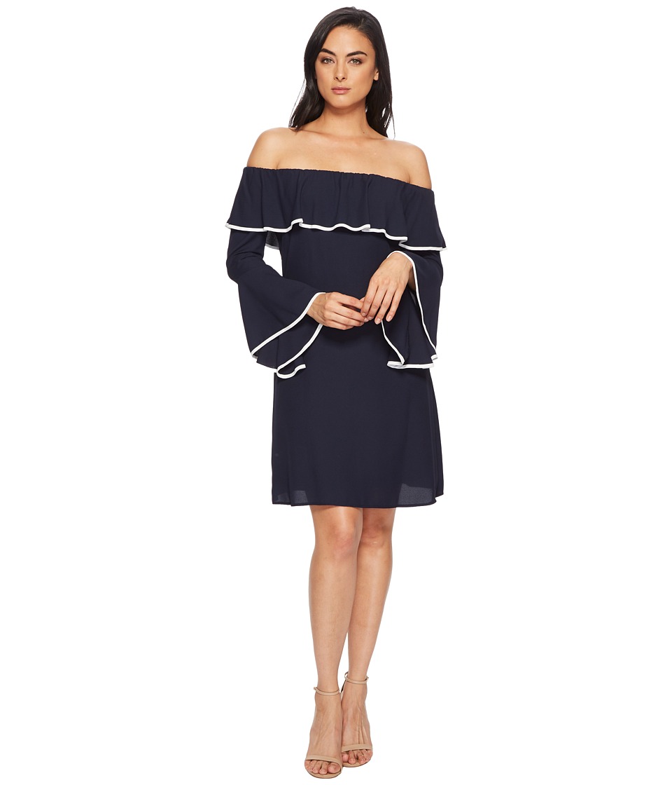 Taylor Off Shoulder Ruffle Sleeve Dress (Navy/Ivory) Women