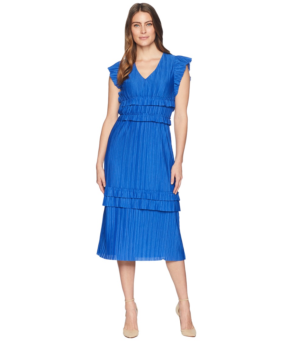 Taylor Pleated Short Sleeve V-Neck Midi Dress (Royal) Women