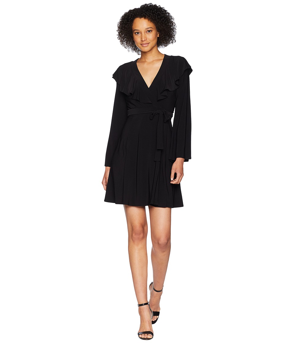 Taylor Bell Sleeve Ruffle Neck Wrap Tie Dress (Black) Women