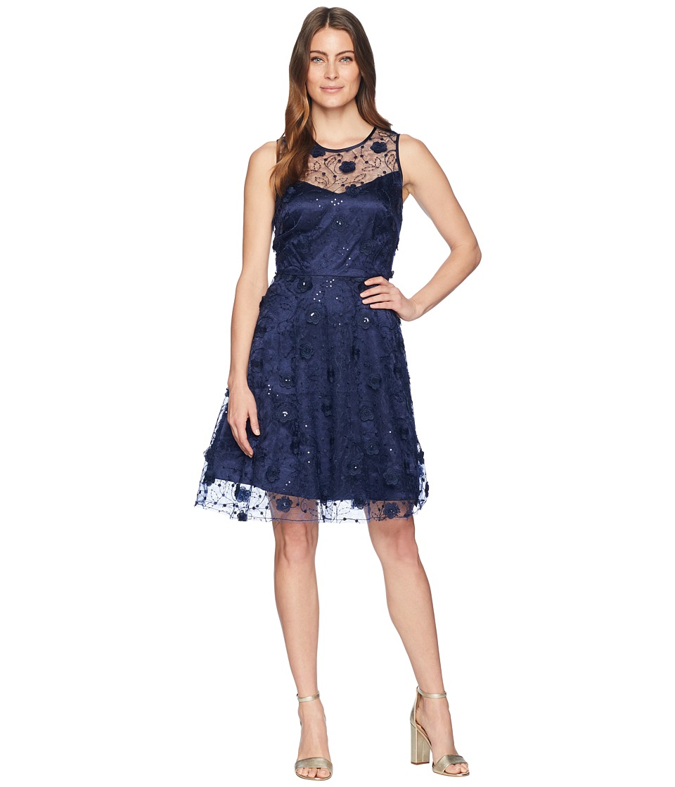 Taylor Embroidered 3D Flower Mesh Cocktail Dress (Navy) Women