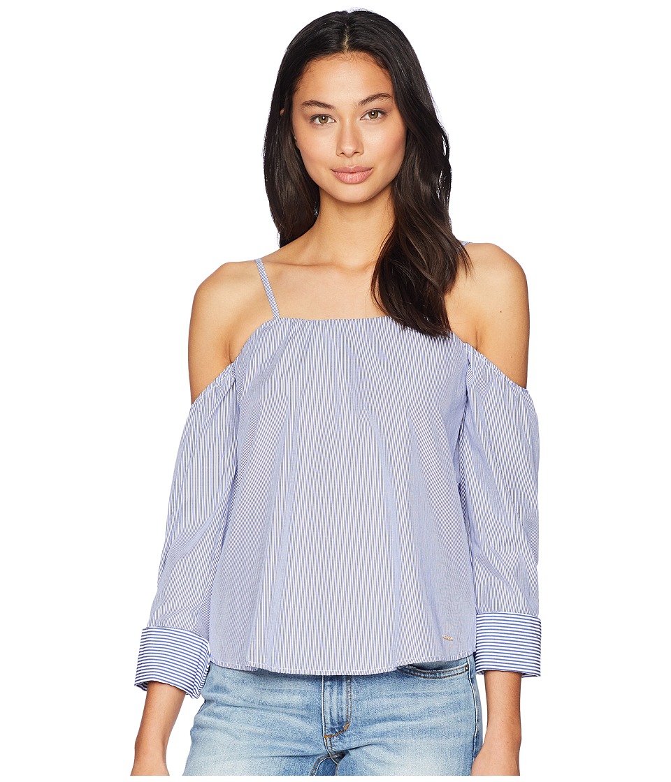 Bebe Long Sleeve Sweetheart Neck Shirting (Blue/White Micro) Women